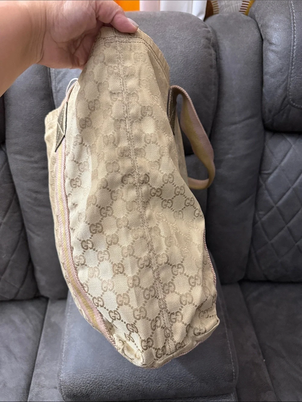 GG Monogram Beige Canvas Tote with Pink & Olive Straps - Picture 5 of 12